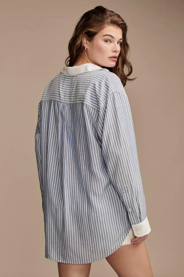 Women Lucky Brand Blouses Oversized Drapey Button Down Blue Stripe Mix