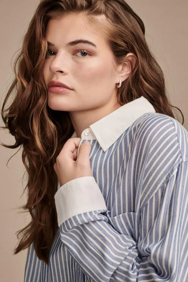 Women Lucky Brand Blouses Oversized Drapey Button Down Blue Stripe Mix