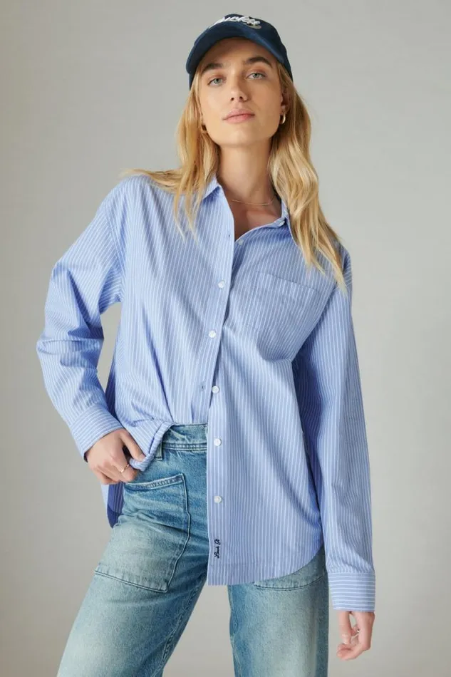 Women Lucky Brand Blouses The Oversized Poplin Button Down Blue Stripe