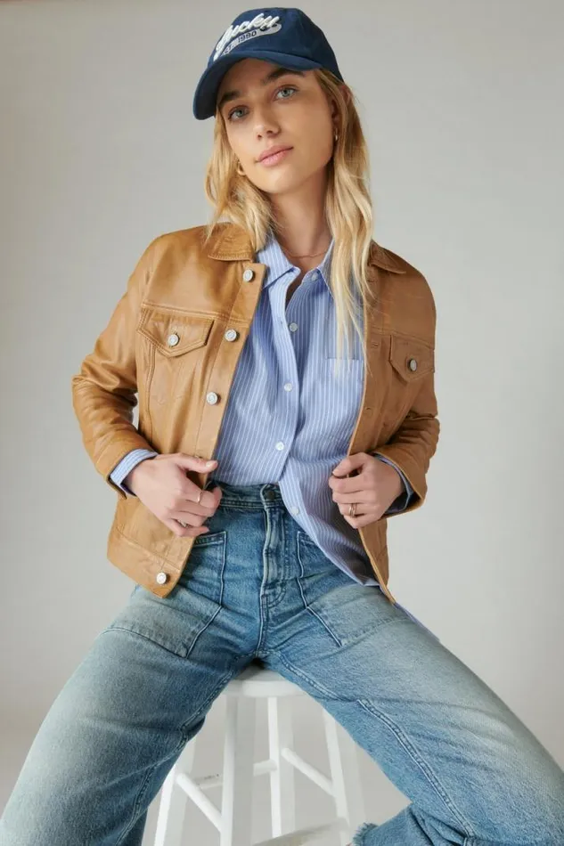 Women Lucky Brand Blouses The Oversized Poplin Button Down Blue Stripe