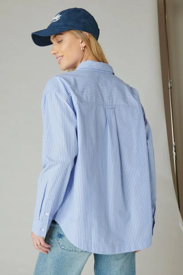 Women Lucky Brand Blouses The Oversized Poplin Button Down Blue Stripe