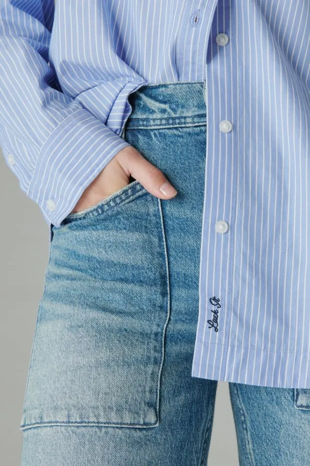 Women Lucky Brand Blouses The Oversized Poplin Button Down Blue Stripe