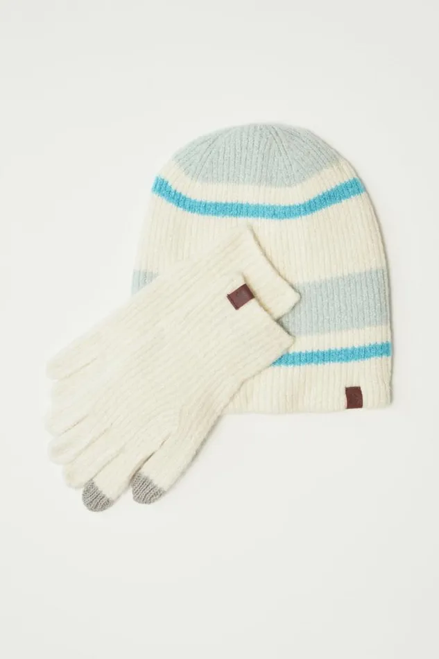 Women Lucky Brand Gloves Striped Beanie and Glove Set Medium Light Green