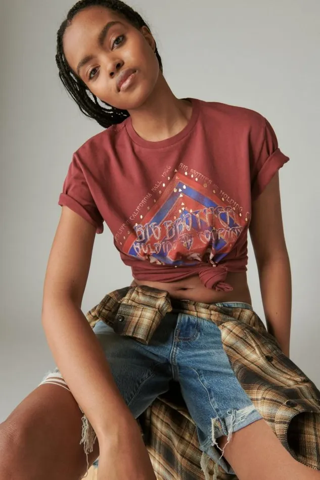 Women Lucky Brand Graphic Tees Big Brother Studs Boyfriend Tee Tawny Port