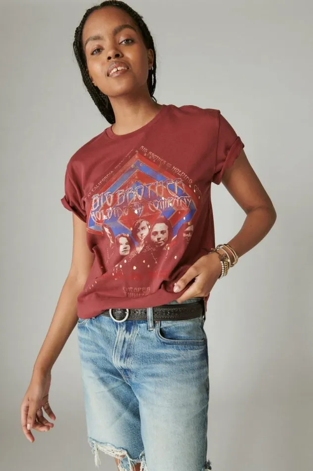 Women Lucky Brand Graphic Tees Big Brother Studs Boyfriend Tee Tawny Port