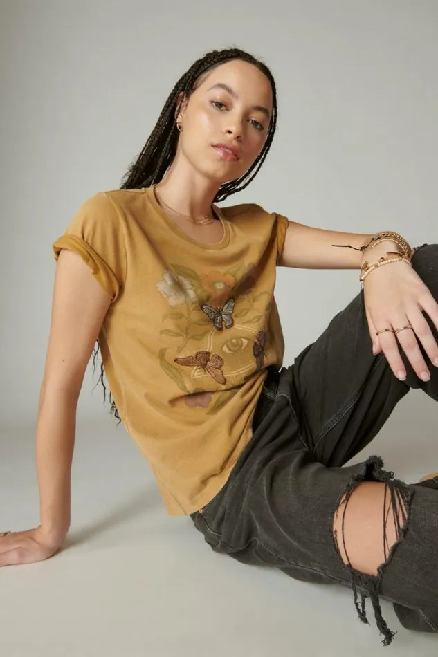 Women Lucky Brand Graphic Tees Butterfly Garden Classic Crew Honey Mustard