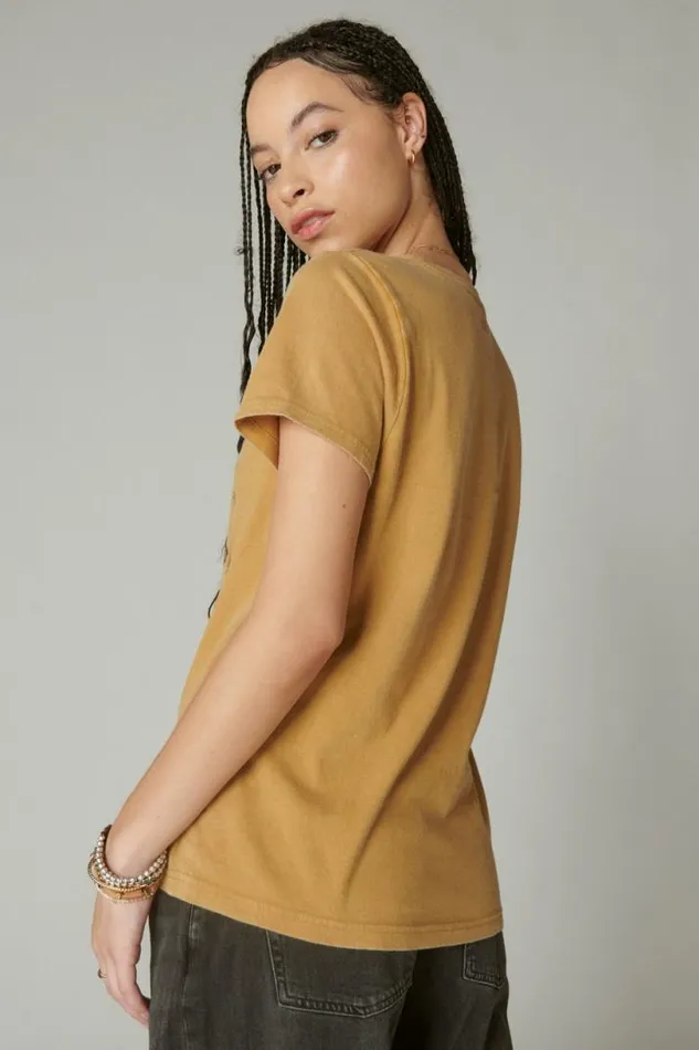 Women Lucky Brand Graphic Tees Butterfly Garden Classic Crew Honey Mustard