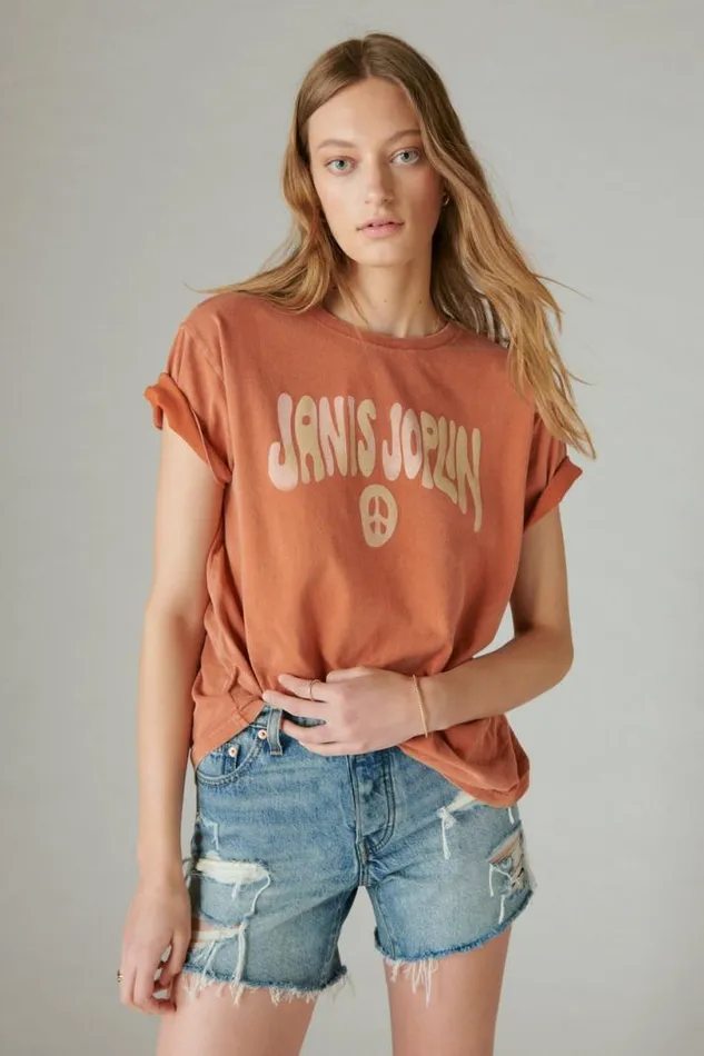 Women Lucky Brand Graphic Tees Janis Joplin Peace Sign Boyfriend Tee Potters Clay