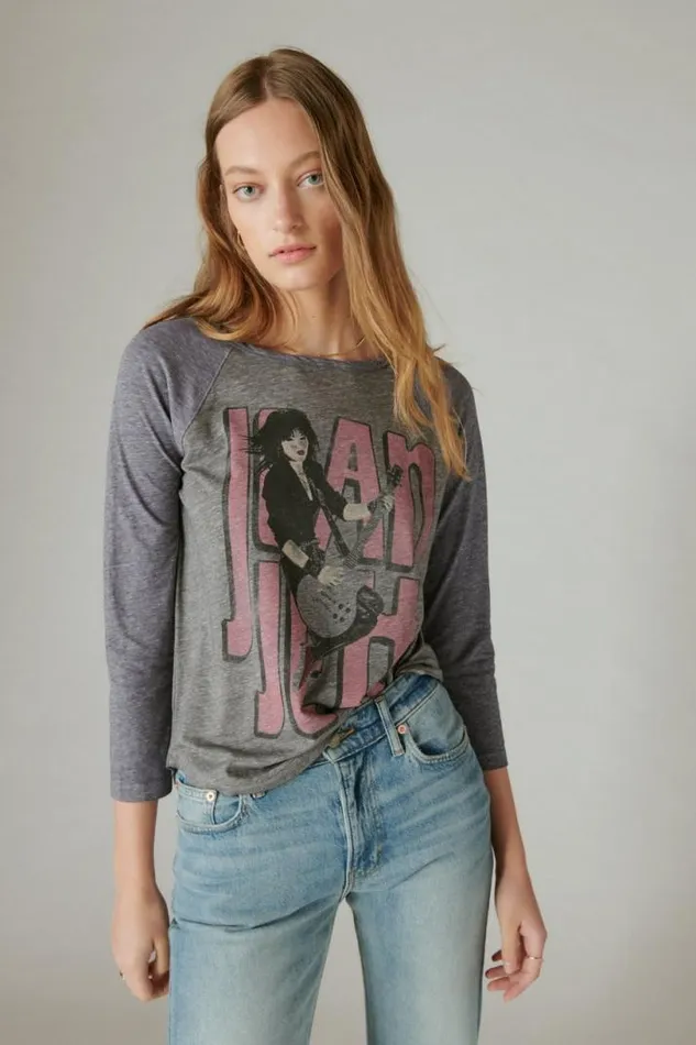 Women Lucky Brand Graphic Tees Joan Jett Raglan Heather Grey
