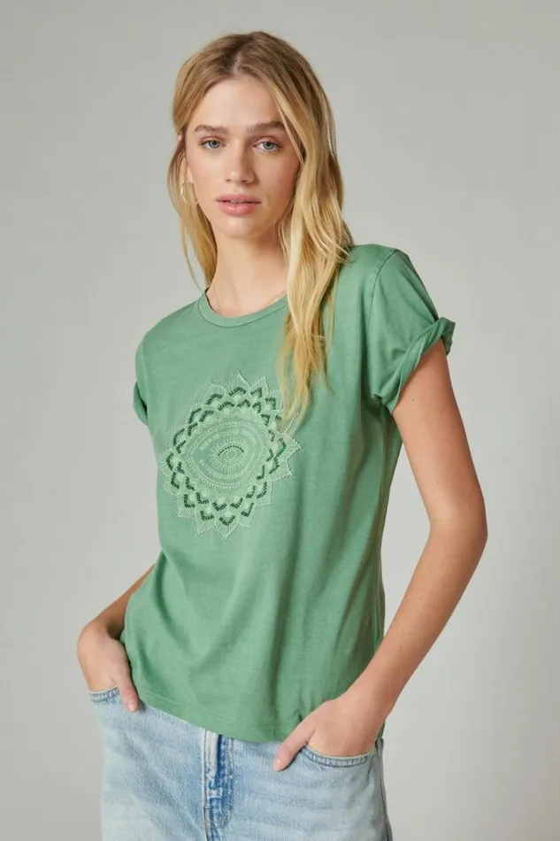 Women Lucky Brand Graphic Tees Seed Beaded Eye Classic Crew Comfrey
