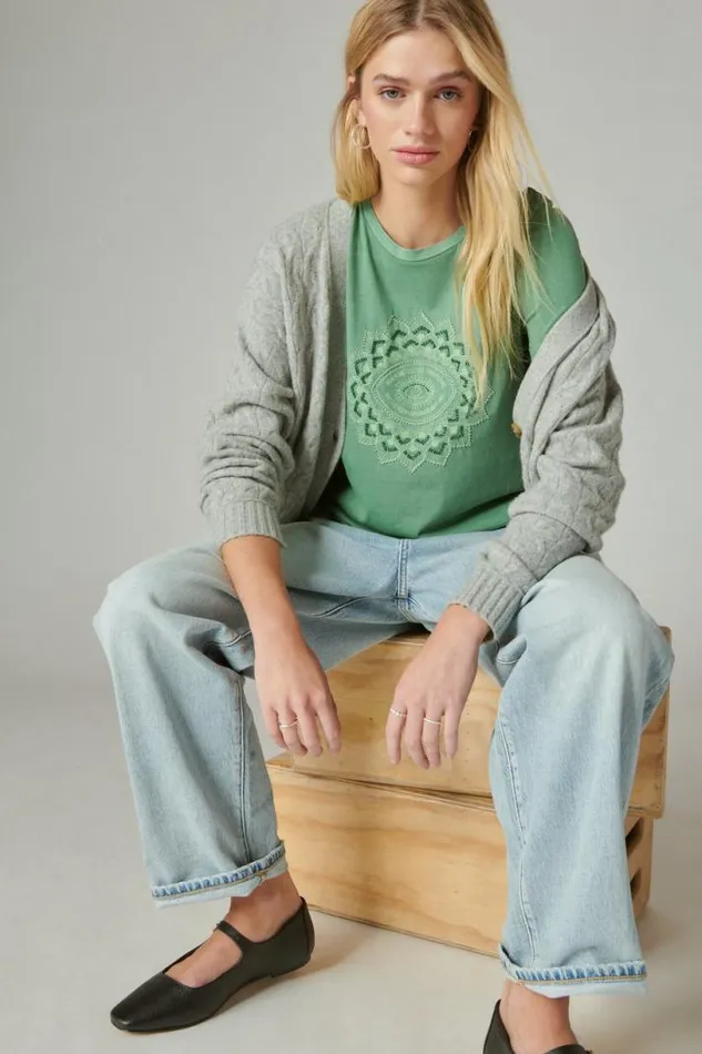 Women Lucky Brand Graphic Tees Seed Beaded Eye Classic Crew Comfrey