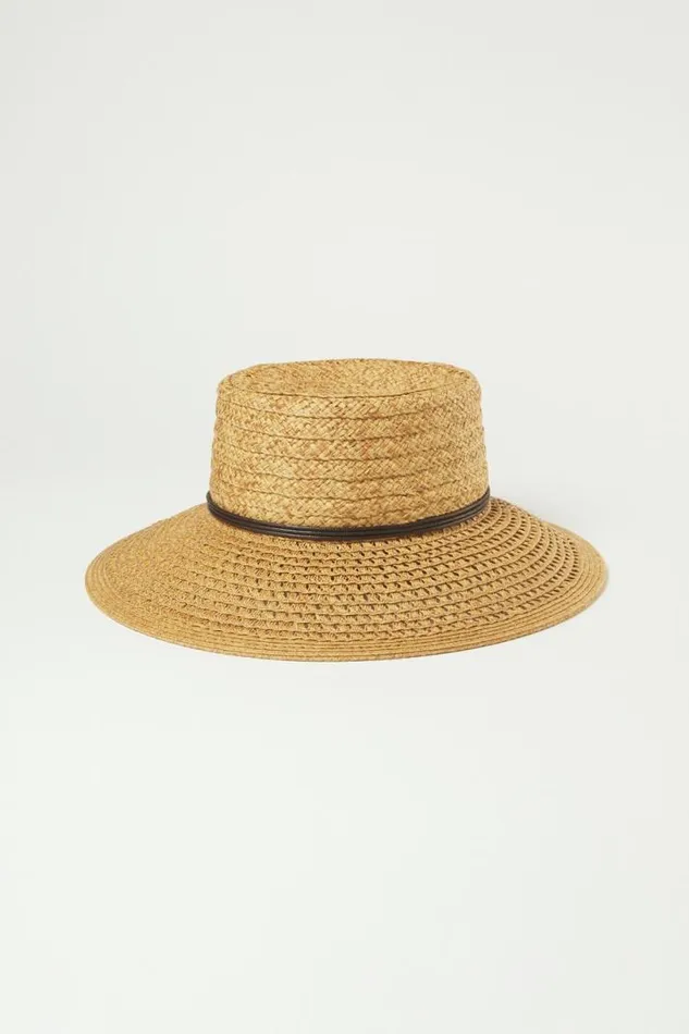 Women Lucky Brand Hats Open Weave Boater With Leather Tie Medium Brown