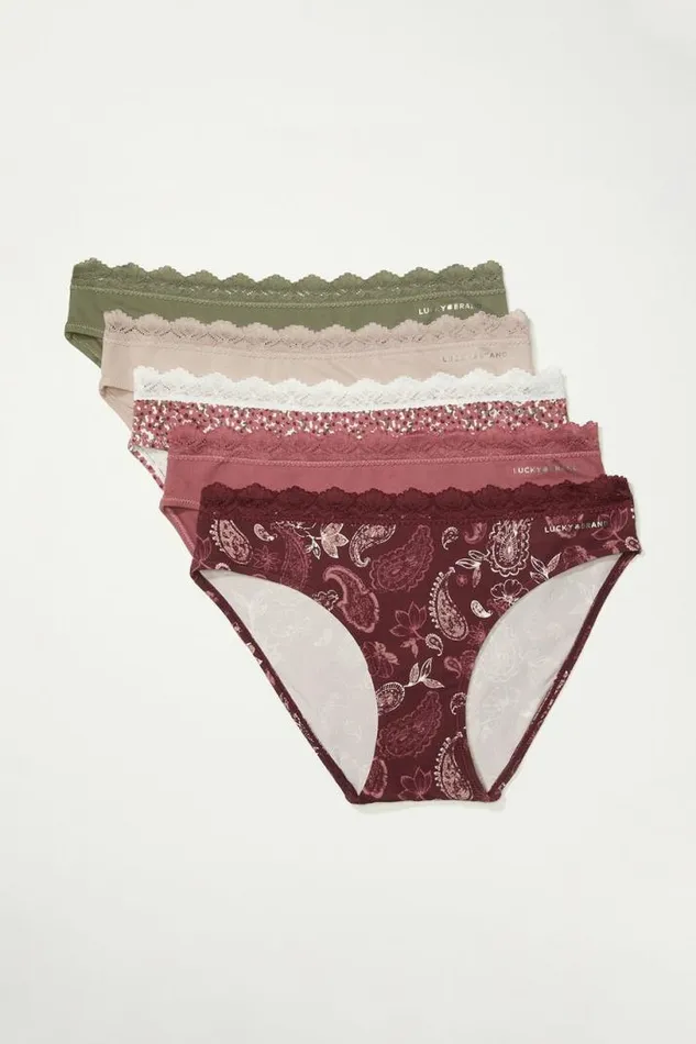 Women Lucky Brand Intimates and Sleepwear Pretty Paisley Lace Bikini 5 Pk Light Red
