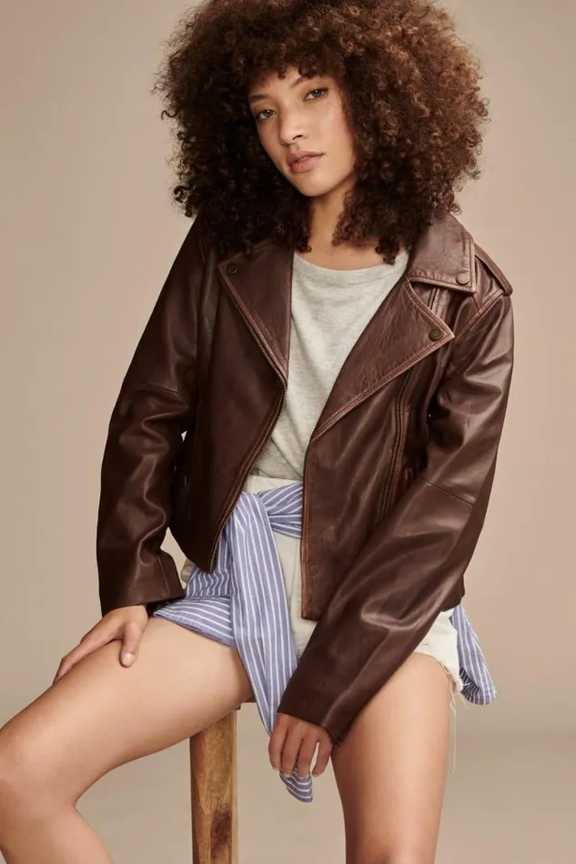 Women Lucky Brand Jackets and Outerwear Classic Leather Moto Jacket Chestnut