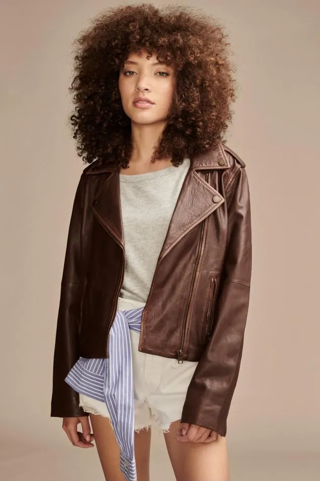 Women Lucky Brand Jackets and Outerwear Classic Leather Moto Jacket Chestnut