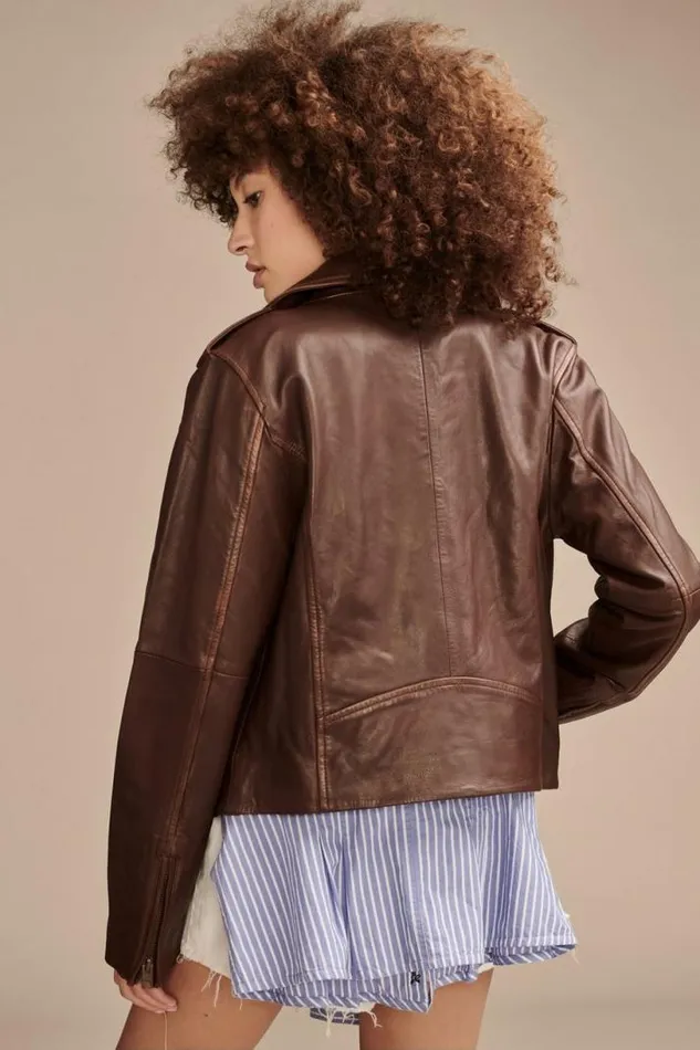 Women Lucky Brand Jackets and Outerwear Classic Leather Moto Jacket Chestnut