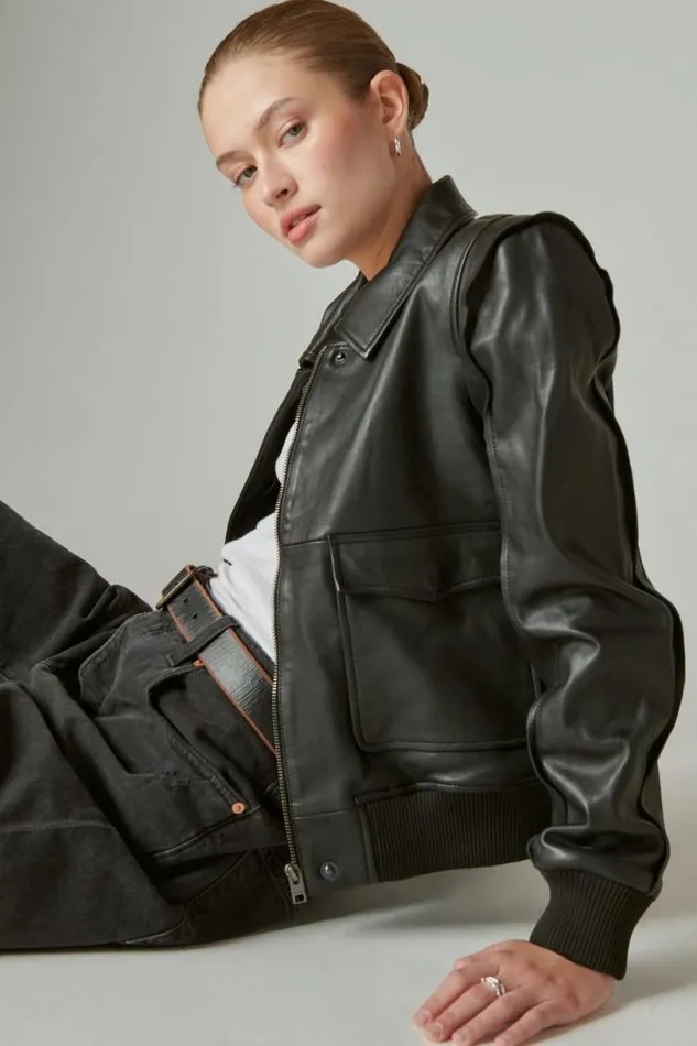 Women Lucky Brand Jackets and Outerwear Leather Flight Jacket 001 Lucky Black