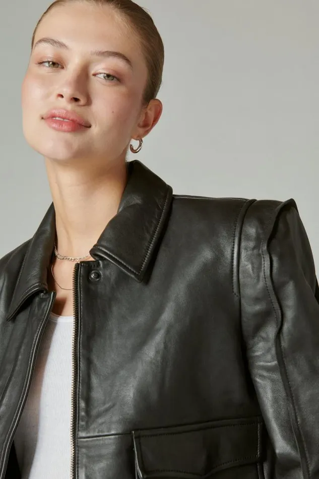 Women Lucky Brand Jackets and Outerwear Leather Flight Jacket 001 Lucky Black