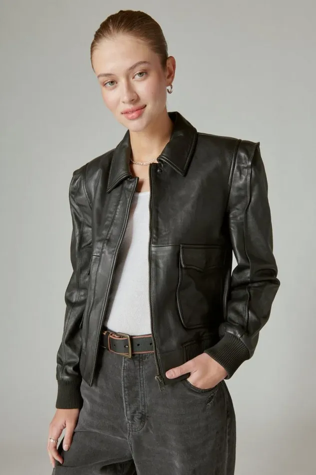 Women Lucky Brand Jackets and Outerwear Leather Flight Jacket 001 Lucky Black