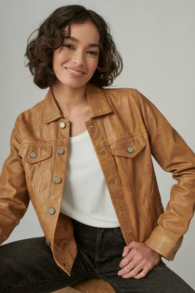 Women Lucky Brand Jackets and Outerwear Leather Trucker Jacket Cognac