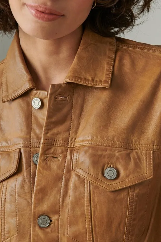Women Lucky Brand Jackets and Outerwear Leather Trucker Jacket Cognac