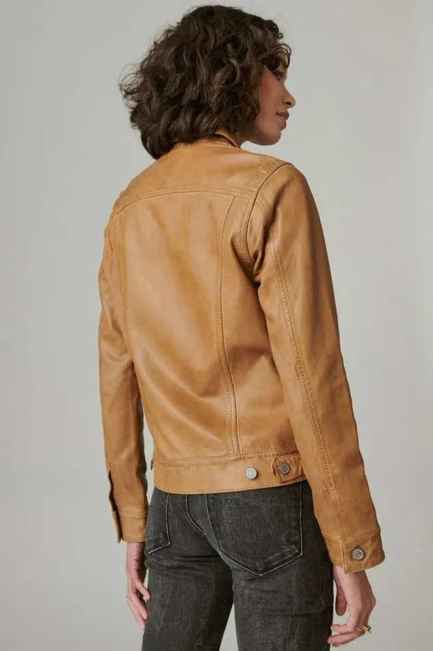 Women Lucky Brand Jackets and Outerwear Leather Trucker Jacket Cognac