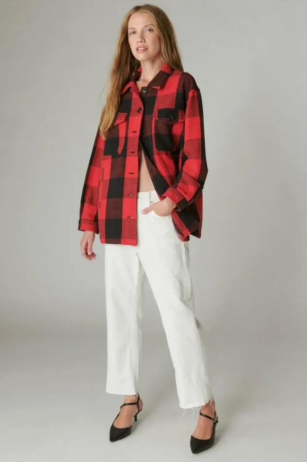 Women Lucky Brand Jackets and Outerwear Plaid Oversized Shirt Jacket Red Multi