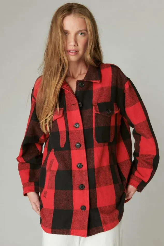 Women Lucky Brand Jackets and Outerwear Plaid Oversized Shirt Jacket Red Multi