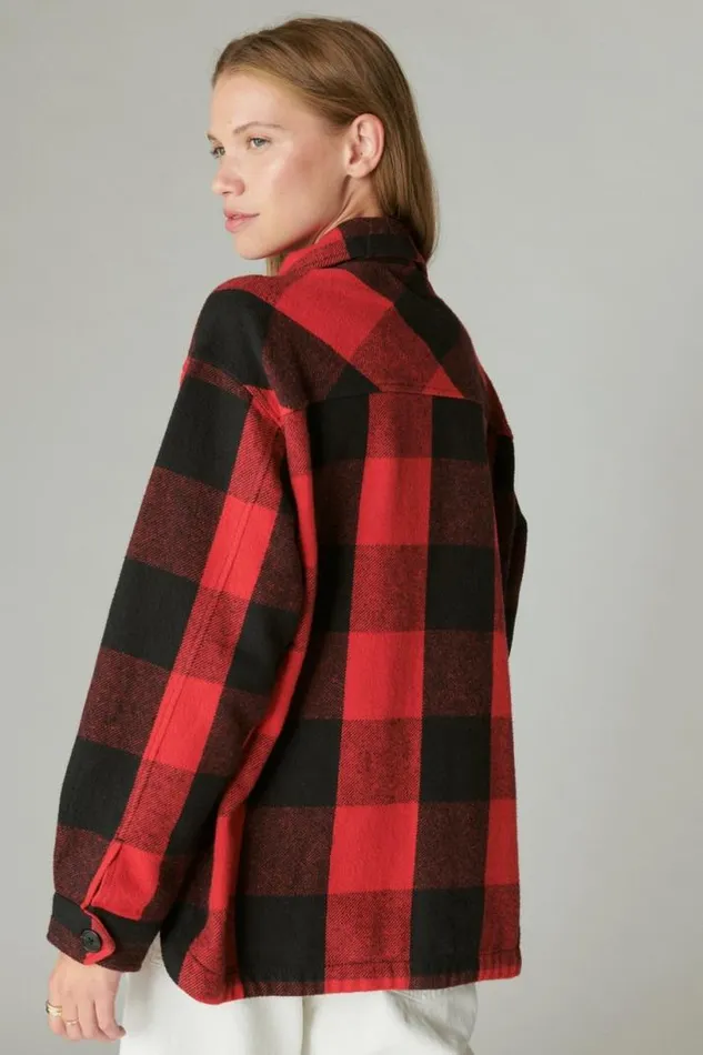 Women Lucky Brand Jackets and Outerwear Plaid Oversized Shirt Jacket Red Multi