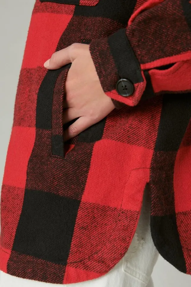 Women Lucky Brand Jackets and Outerwear Plaid Oversized Shirt Jacket Red Multi