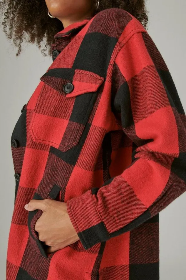 Women Lucky Brand Jackets and Outerwear Plaid Oversized Shirt Jacket Red Multi