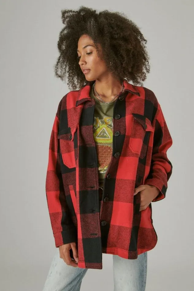 Women Lucky Brand Jackets and Outerwear Plaid Oversized Shirt Jacket Red Multi