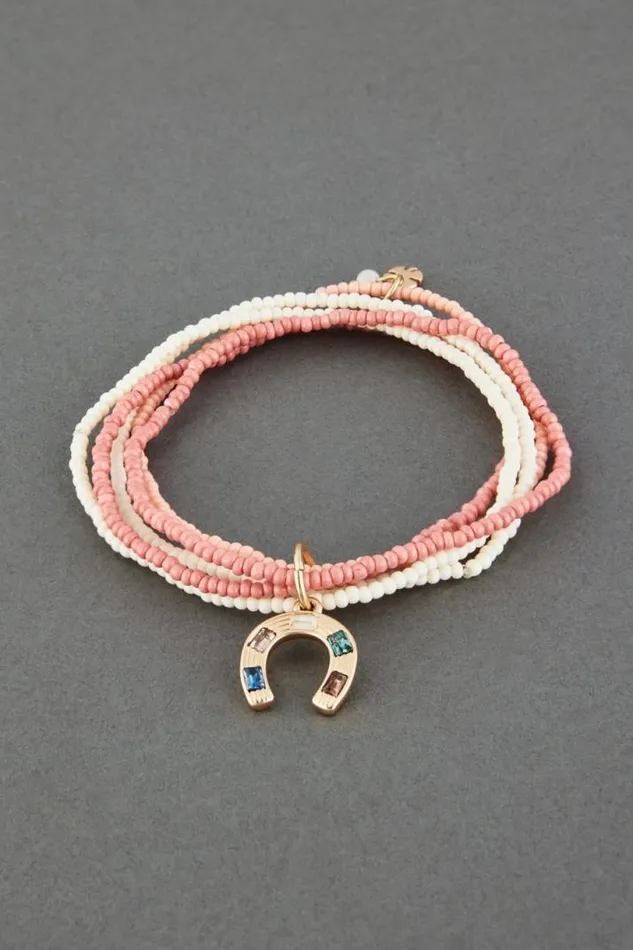 Women Lucky Brand Jewelry Multi Seed Bead And Horseshoe Charm Bracelet Set Gold