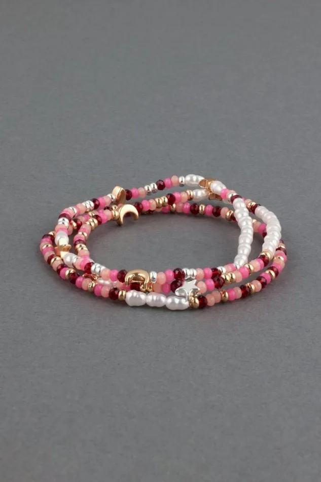 Women Lucky Brand Jewelry Pink Beaded Bracelet Two Tone
