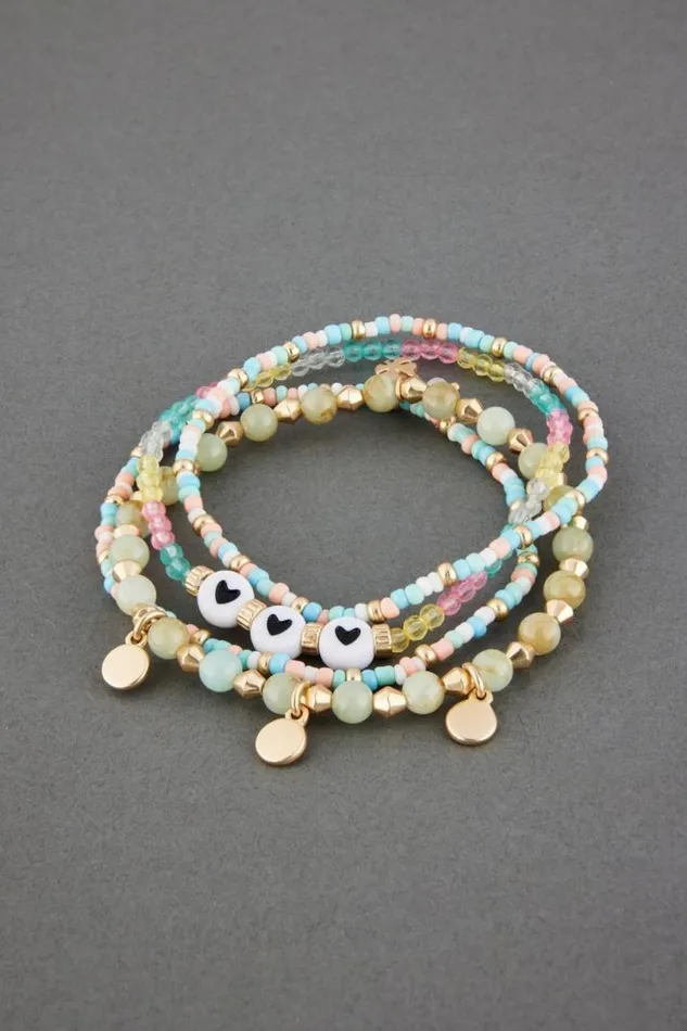 Women Lucky Brand Jewelry Seed Bead And Hearts Bracelet Set Gold