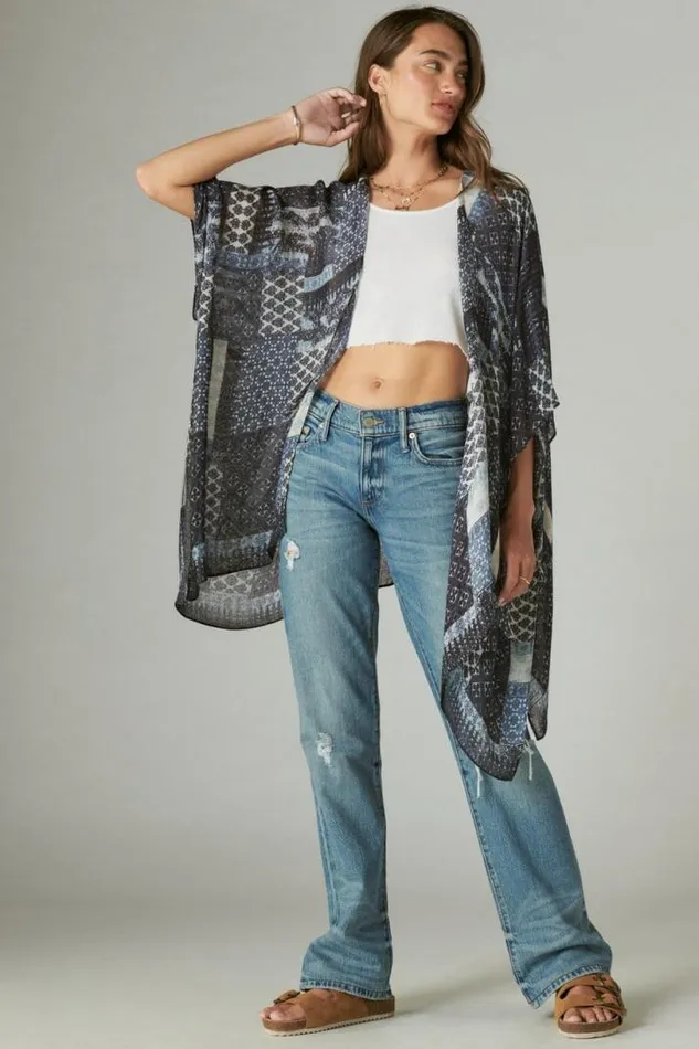 Women Lucky Brand Kimonos Patchwork Lightweight Kimono Indigo Multi