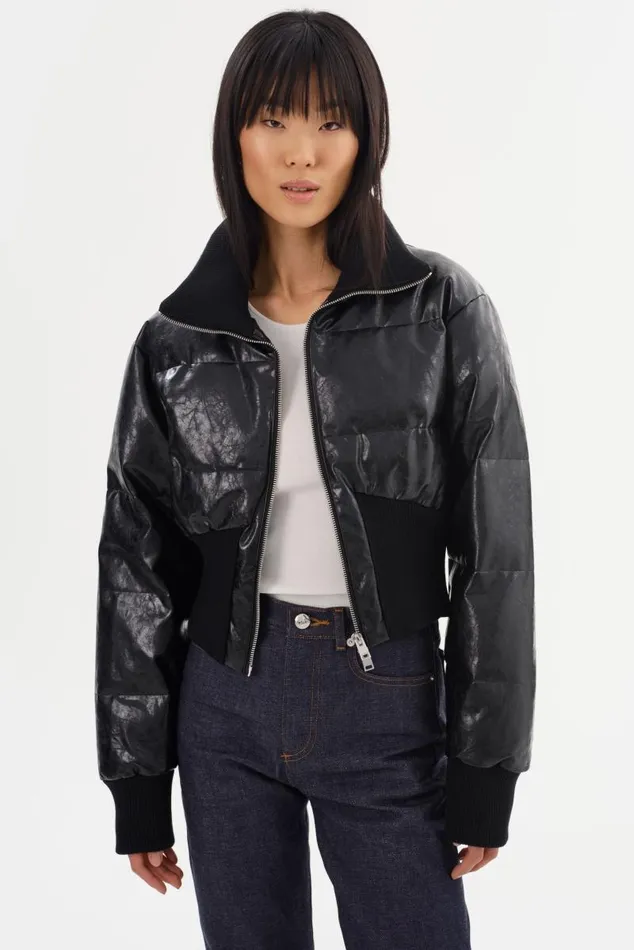 Women LUMINA Cropped Faux Leather Puffer Jacket Black LAMARQUE Puffers