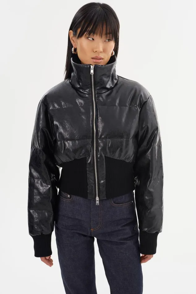 Women LUMINA Cropped Faux Leather Puffer Jacket Black LAMARQUE Puffers Women LUMINA Cropped Faux Leather Puffer Jacket Black LAMARQUE Puffers