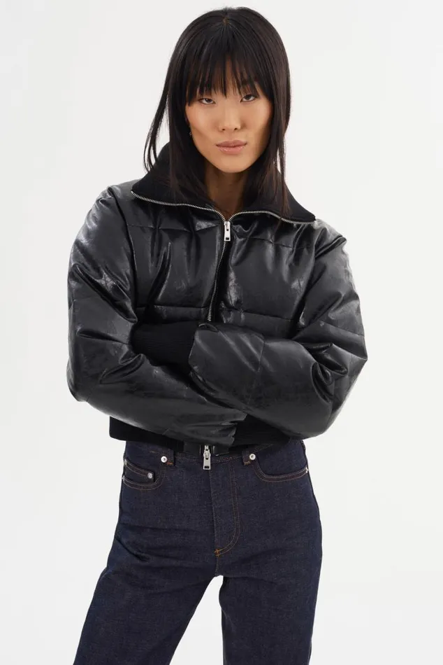 Women LUMINA Cropped Faux Leather Puffer Jacket Black LAMARQUE Puffers Women LUMINA Cropped Faux Leather Puffer Jacket Black LAMARQUE Puffers