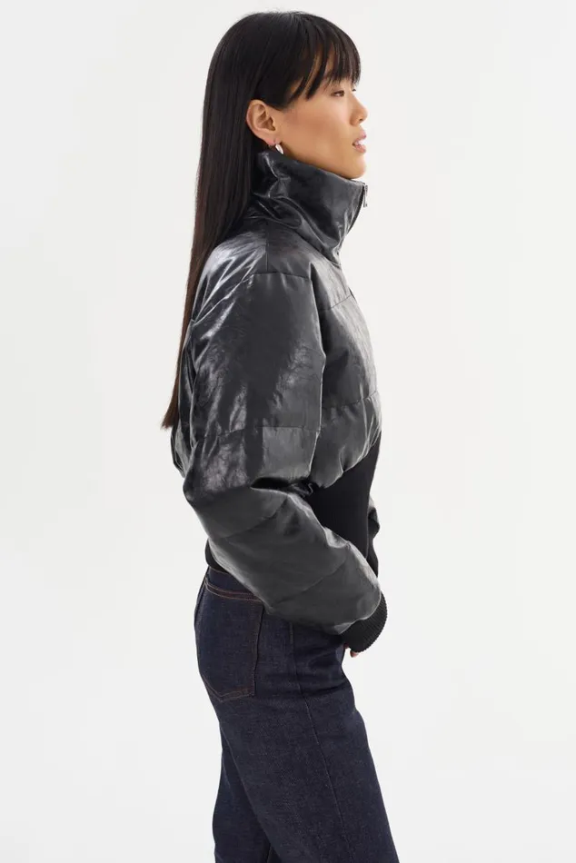 Women LUMINA Cropped Faux Leather Puffer Jacket Black LAMARQUE Puffers Women LUMINA Cropped Faux Leather Puffer Jacket Black LAMARQUE Puffers