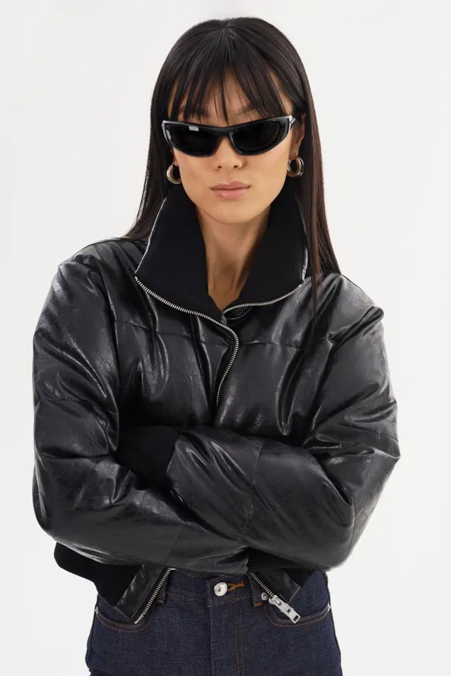 Women LUMINA Cropped Faux Leather Puffer Jacket Black LAMARQUE Puffers Women LUMINA Cropped Faux Leather Puffer Jacket Black LAMARQUE Puffers