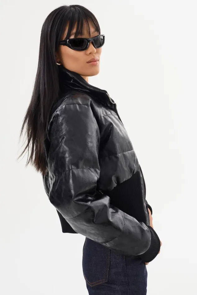 Women LUMINA Cropped Faux Leather Puffer Jacket Black LAMARQUE Puffers Women LUMINA Cropped Faux Leather Puffer Jacket Black LAMARQUE Puffers