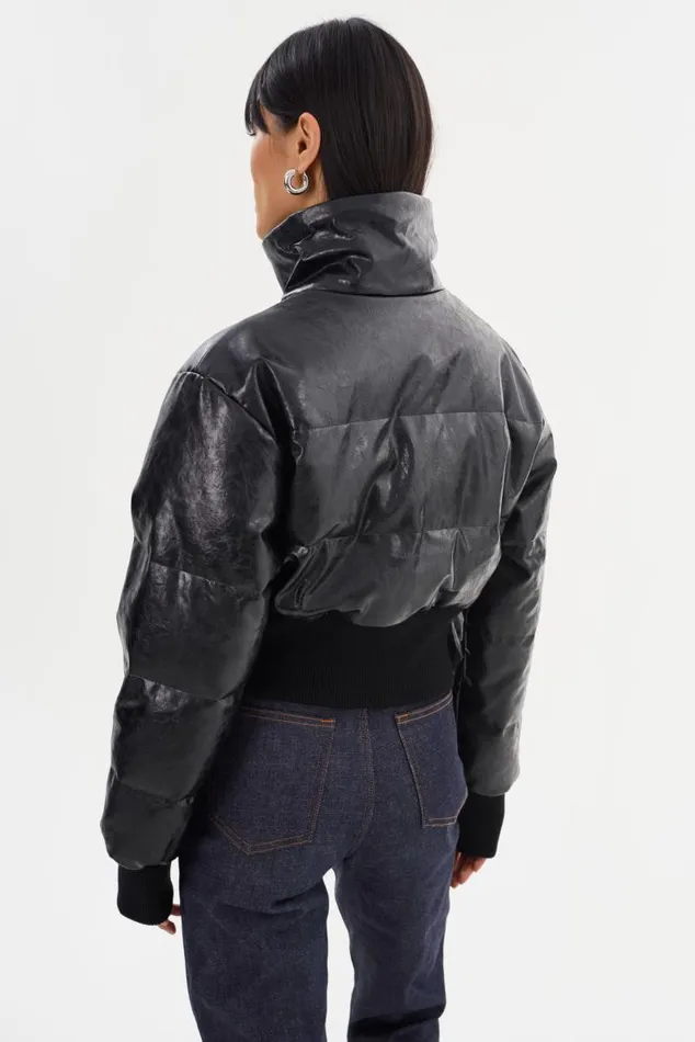 Women LUMINA Cropped Faux Leather Puffer Jacket Black LAMARQUE Puffers Women LUMINA Cropped Faux Leather Puffer Jacket Black LAMARQUE Puffers