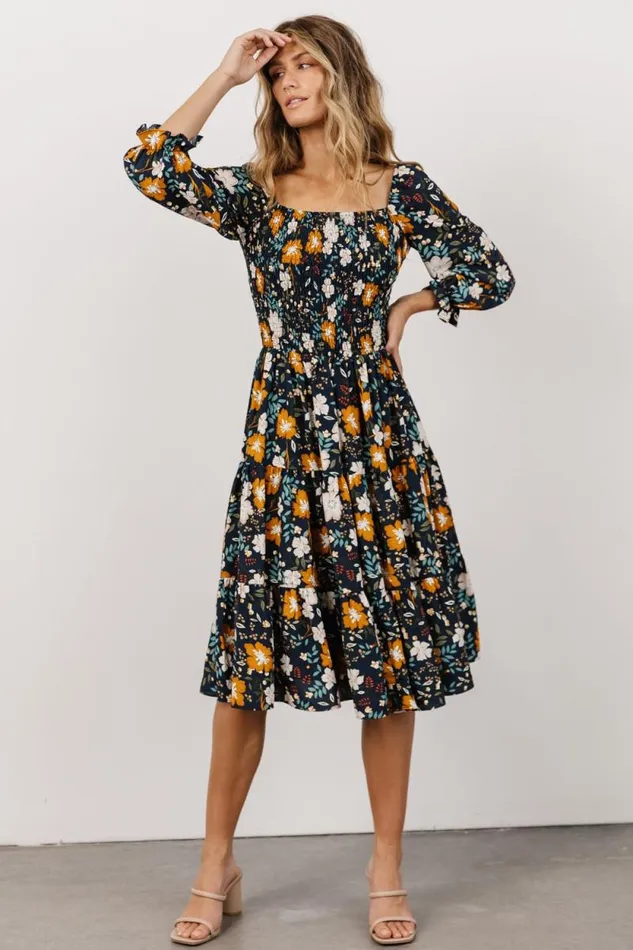 Women Marta Smocked Midi Dress Dark Blue Vintage Floral Baltic Born Midi Dresses