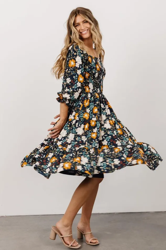 Women Marta Smocked Midi Dress Dark Blue Vintage Floral Baltic Born Midi Dresses Women Marta Smocked Midi Dress Dark Blue Vintage Floral Baltic Born Midi Dresses