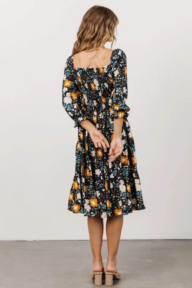 Women Marta Smocked Midi Dress Dark Blue Vintage Floral Baltic Born Midi Dresses Women Marta Smocked Midi Dress Dark Blue Vintage Floral Baltic Born Midi Dresses