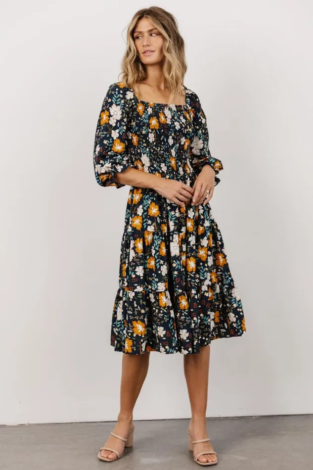 Women Marta Smocked Midi Dress Dark Blue Vintage Floral Baltic Born Midi Dresses Women Marta Smocked Midi Dress Dark Blue Vintage Floral Baltic Born Midi Dresses