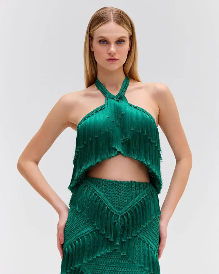 Women Matching Sets PatBO Fringe Halterneck Top FINAL SALE Jade