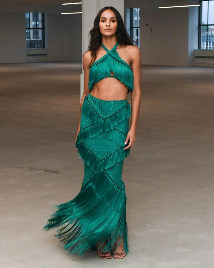 Women Matching Sets PatBO Fringe Halterneck Top FINAL SALE Jade