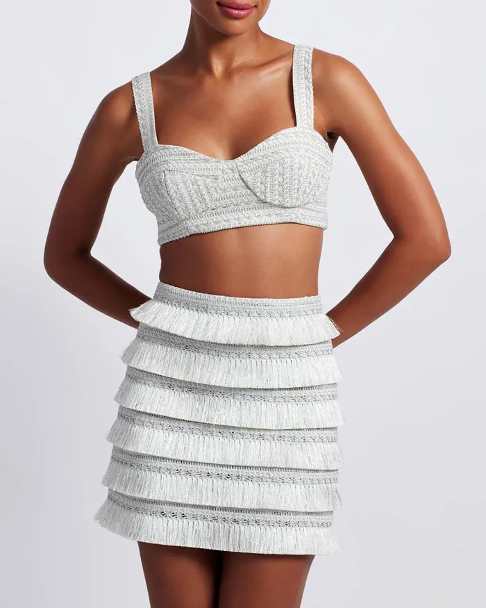 Women Matching Sets PatBO Metallic Fringe Mini Skirt Silver